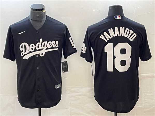 Mens Los Angeles Dodgers #18 Yoshinobu Yamamoto Black Cool Base Stitched Jersey